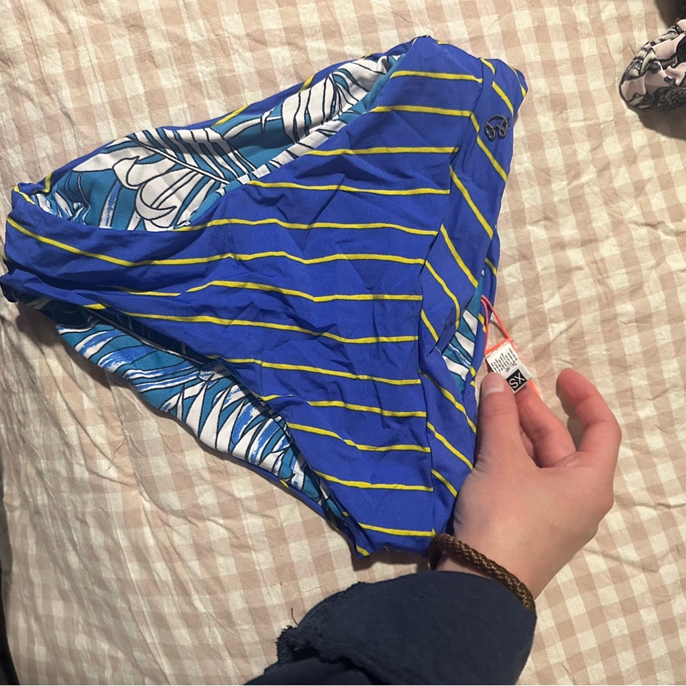 Maaji Blue and Yellow Striped Bikini Bottom- slightly high wasted